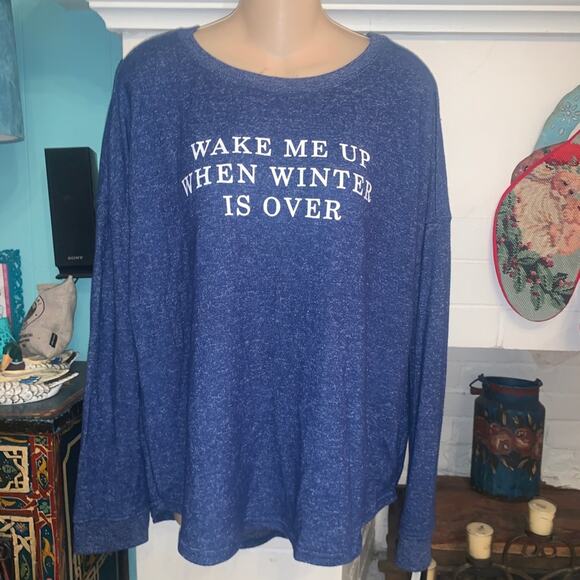 NWT OVERSIZED DENIM BLUE JUMPER SWEATSHIRT "WAKE ME UP WHEN WINTER IS OVER" M - Picture 2 of 10